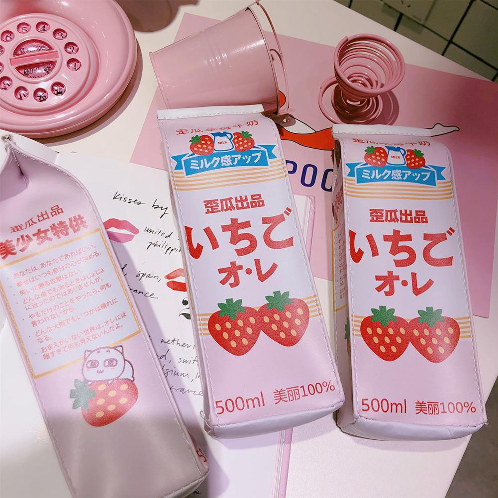 Stationeries Cute Milk Box Strawberry Pen Box Pencil Pouch Students School Stationery Bag