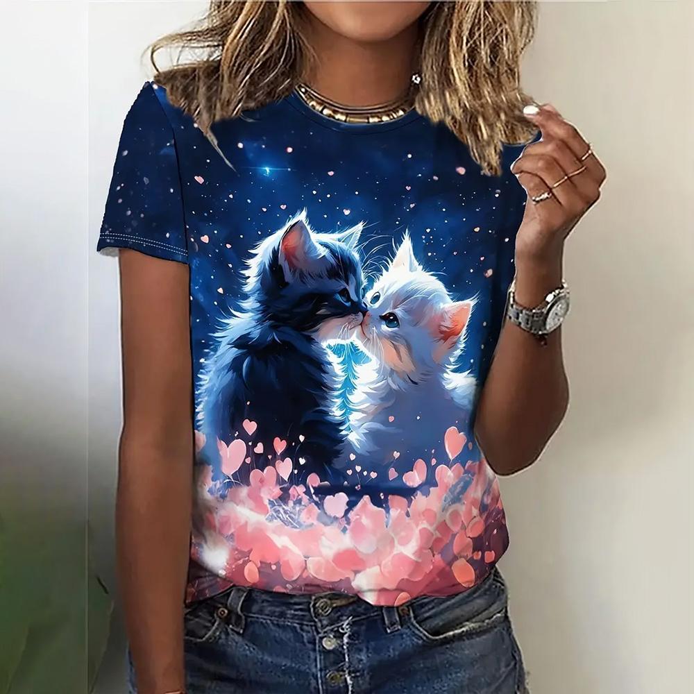 Женская мода 3D абстрактный рисунок кошки напечатаны короткие рукава топы 2024 новая женская одежда футболки летние свободные блузки и футболки