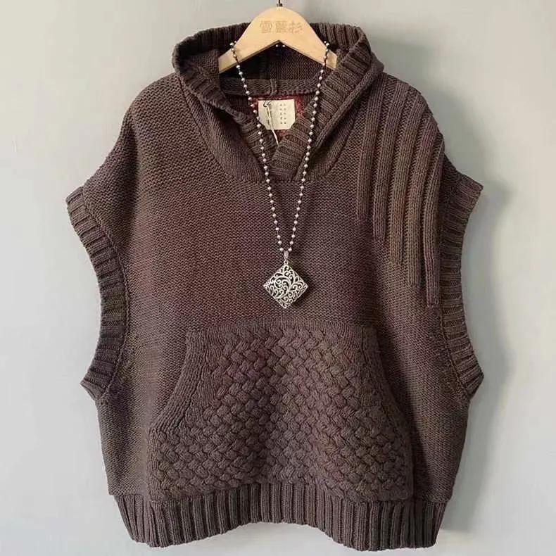Women's Vest Wide with Intertwined Threads Hooded Knitted Vest Spring Autumn Winter Korean, Casual, Plus Pockets