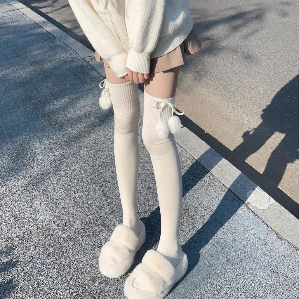 Autumn Winter Women Stockings Wool Cashmere Ball Thermal Long Socks Women Thigh High Stocking Girls Cute Kawaii Thigh High Socks