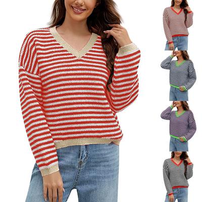 Женская мода повседневный полосатый свитер-пуловер осень и зима цветной трикотаж с V-образным вырезом