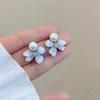Blue Crystal Flower Pearl Earrings for Women's Light Luxury High-end Earrings