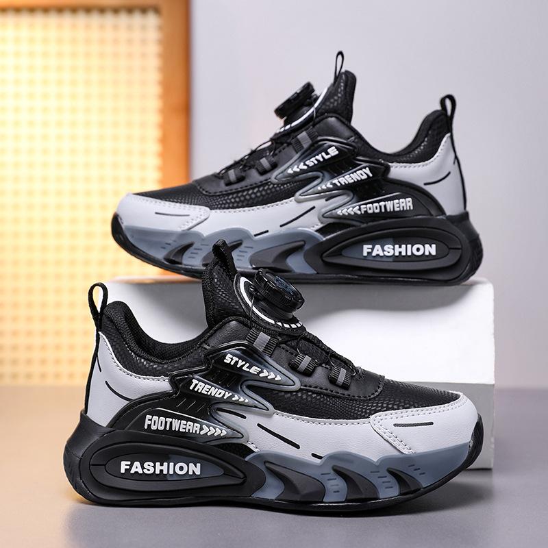 Foreign Trade Children's Sports Shoes Spring and Autumn New Mesh Leather Boys Lightweight Running Shoes Rotating Buckle Primary School Sneakers