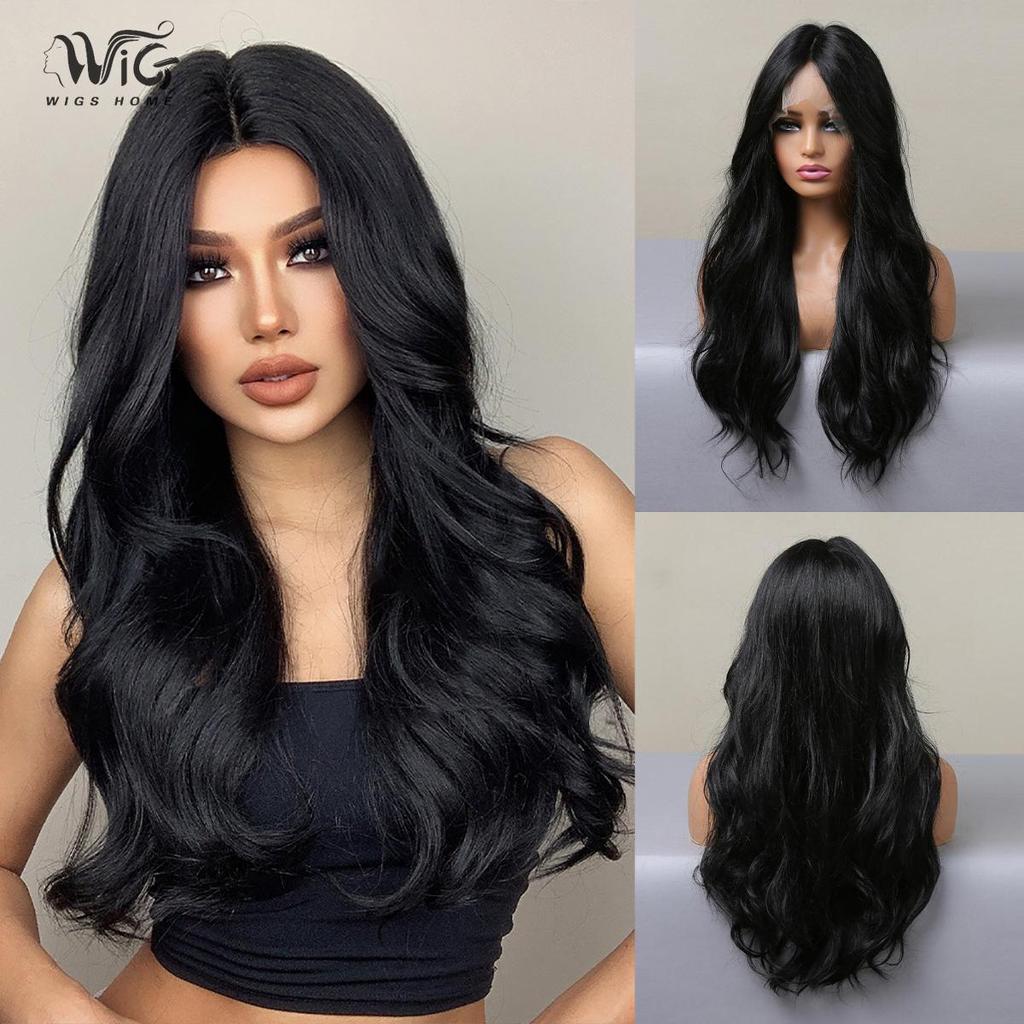 Women's 66cm Hair Black Long Curly Hair T-shaped Front Lace Rose Hair Net Headwear Pure Hand Woven Lace Wigs Kanekalon Wig