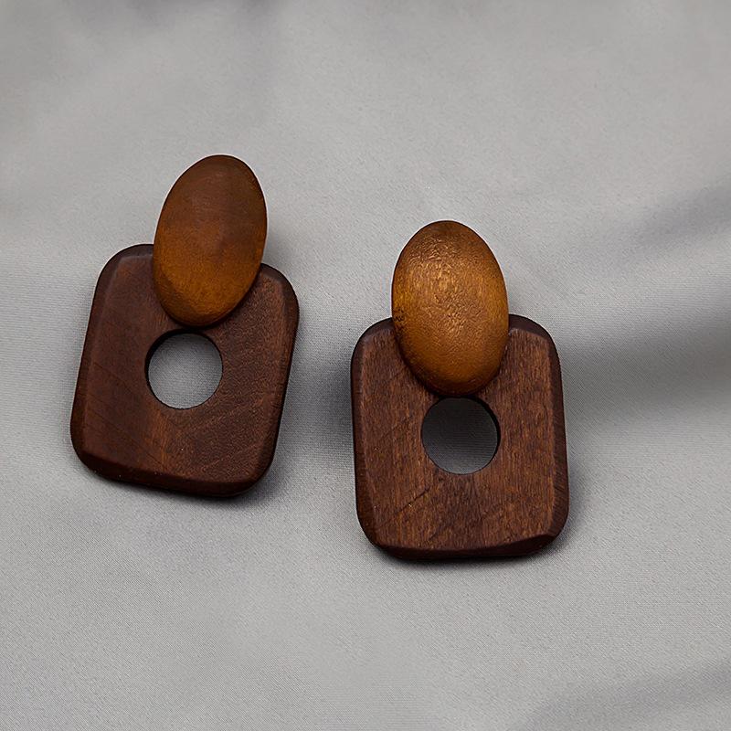 Retro Geometric Wood Drop Earrings - Exaggerated Bohemian Style for Women