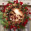 5pcs Christmas Manger Scene Wood Sign - 2D Flat Relief Artwork with Classic Festive Berry Wreath, Round Wall Hanging Décor for Door, Ideal Holiday