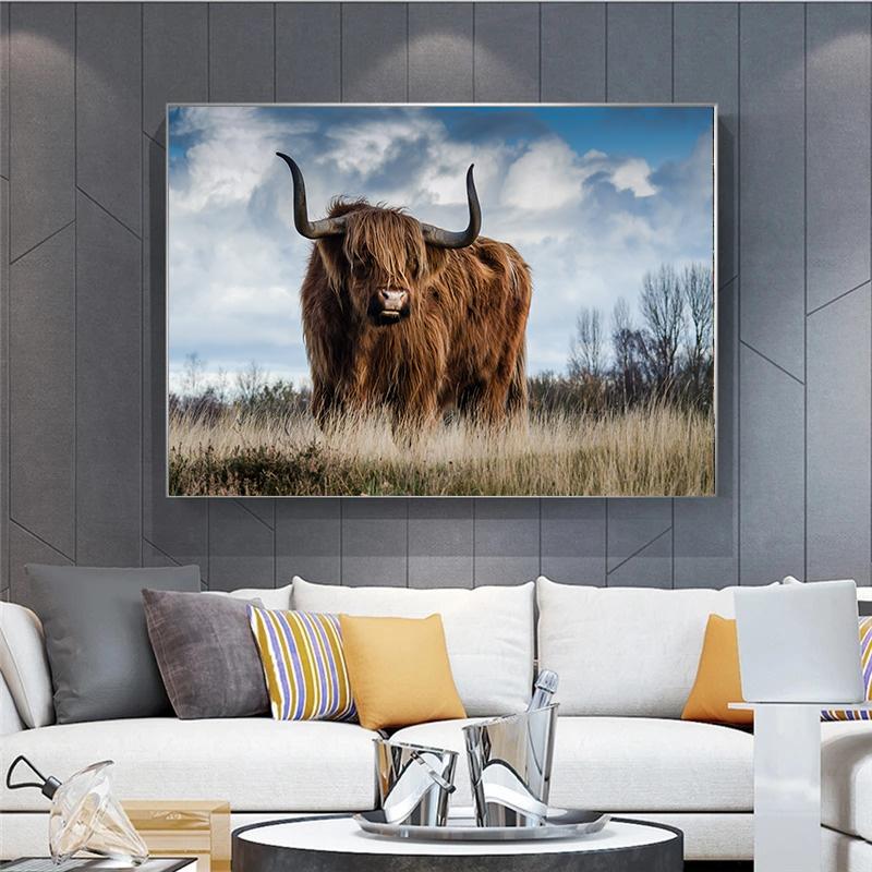 Animal Highland Cow Scottish Highland Cow Buffalo Cattle Art Posters Canvas Painting Wall Prints Pictures Living Room Home Decor