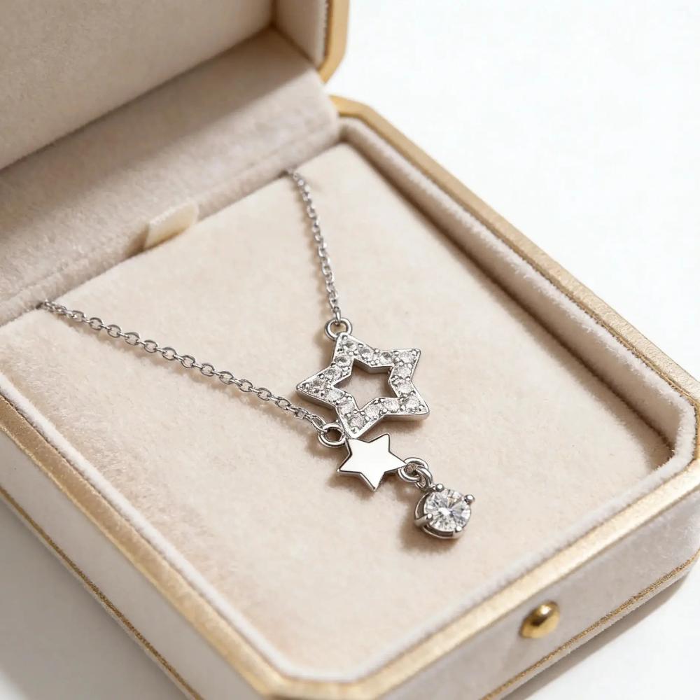 925 Sterling Silver Stylish Simple Hollow Star Zircon Pendant Necklace Birthday Party Anniversary Gift