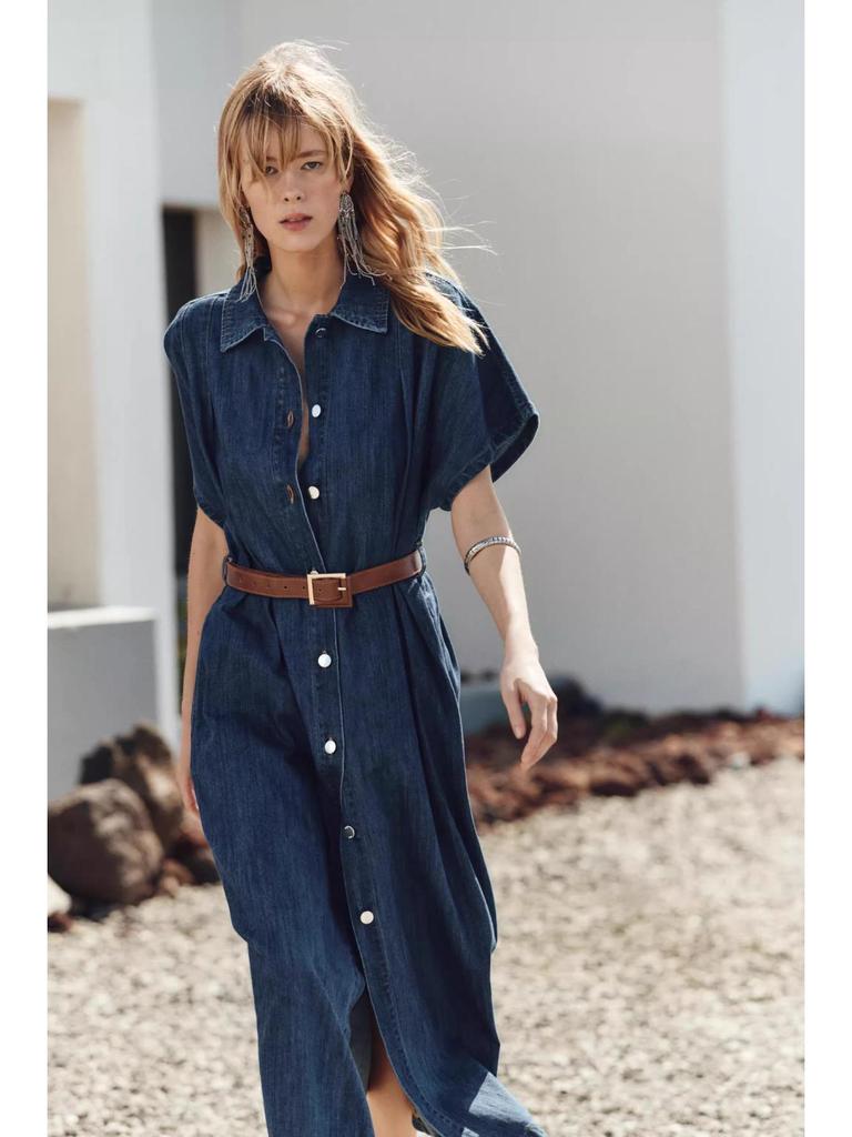 2025 Cotton French Retro Slimming Denim Shirt Dress – High-End Waist-Cinching Long Dress for Women, Autumn Collection