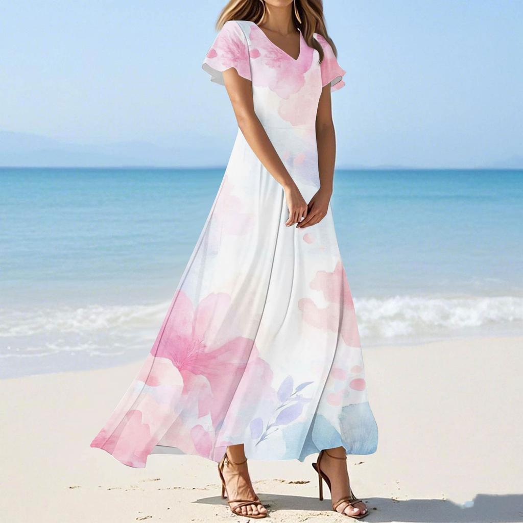 Женское летнее повседневное модное платье с цветочным принтом и V-образным вырезом с коротким рукавом