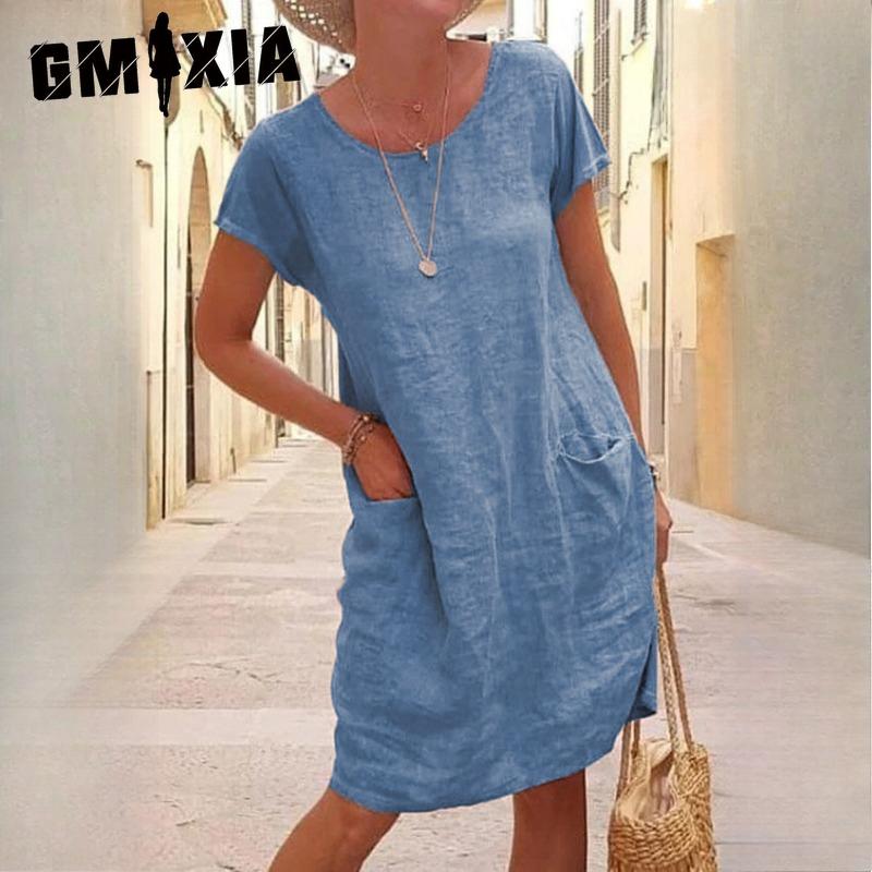 GMXIA Women's Summer Loose Solid Colour Pocket Short Sleeve O-Neck Washed Cotton Linen Dress