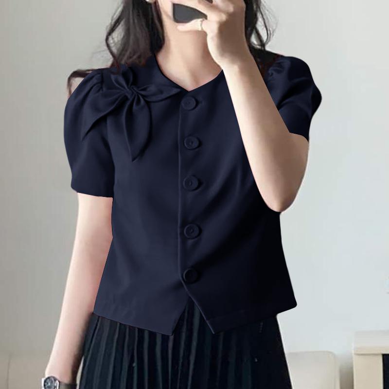 VONDA Женская повседневная круглая шея с коротким рукавом и галстуком, однотонная свободная блузка