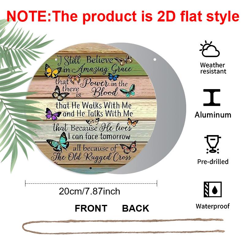 2D Flat, 1pc Round Aluminum Sign, "Amazing Grace" Christian Hymn Quote, Colorful Butterfly & Rustic Wood Design, Metal Wall Art, Ideal for Home