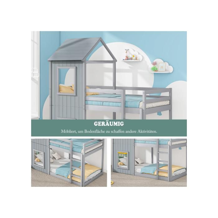 Lit superposé - MUVOE - 90x200 cm - Bois massif - Gris - Avec échelle et baldaquin