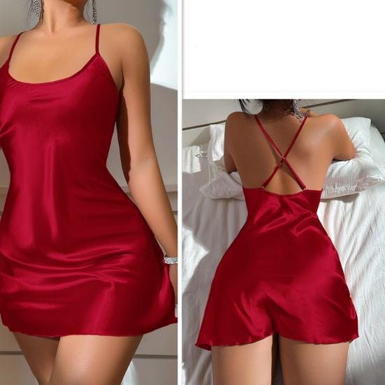 Летняя женская ночная рубашка с V-образным вырезом из шелковистого атласа без рукавов, однотонная, с бретельками, открытая спина