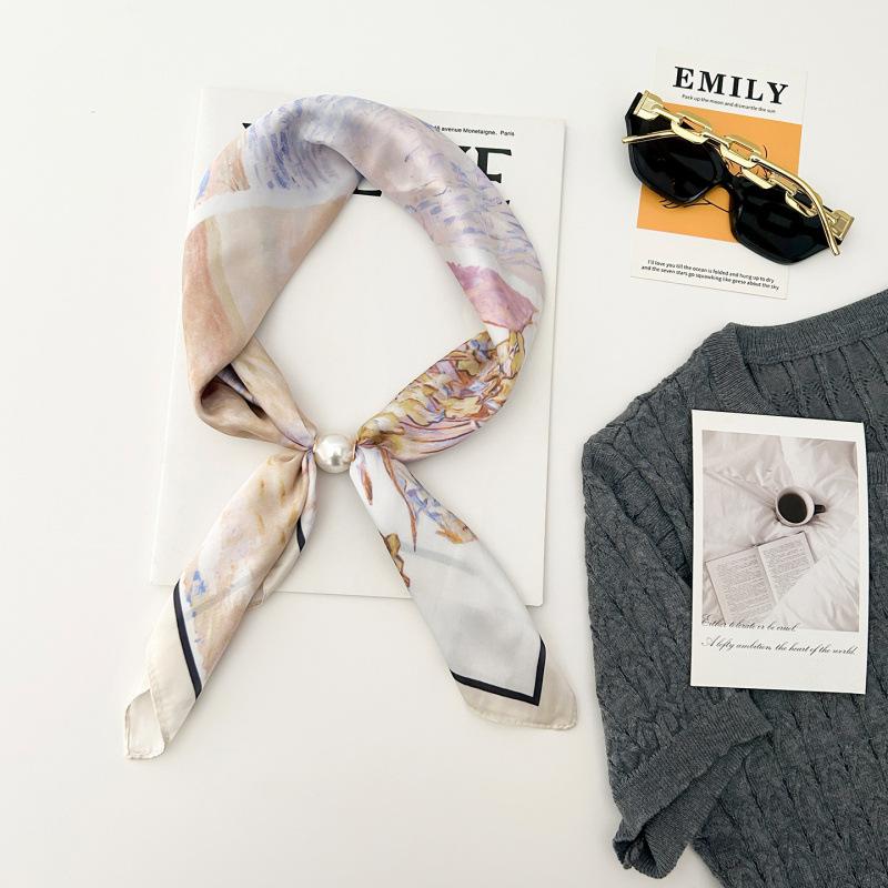 Summer Fresh Flower Print Silk Scarf Silk Satin Magnetic Silk Scarf Lazy Silk Scarf Thin Women'S Scarf