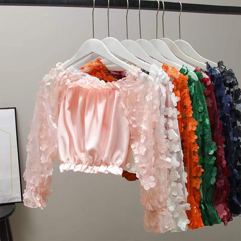 Шифоновая рубашка на одно плечо, прозрачная сетчатая строчка, свободная талия, укороченный топ с открытыми плечами, женские топы