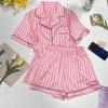 Short-sleeved Pajamas Women's Summer Outer Wear Thin Lapel High-end Striped Home Service Two-piece Suit