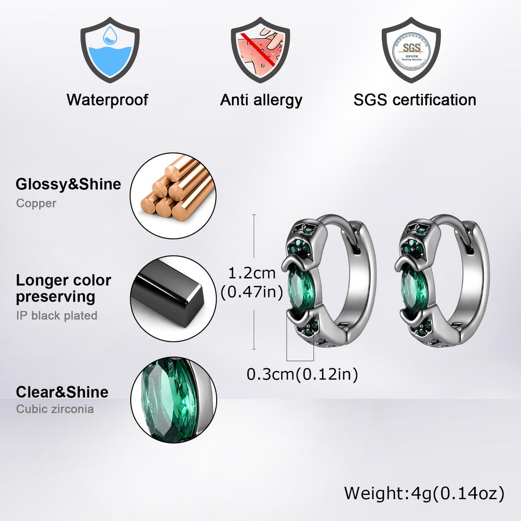 Stylish Green Zircon Minimal Hoop Earrings for Men, Vintage Small Huggie Earrings, Hypoallergenic Piercing Jewelry