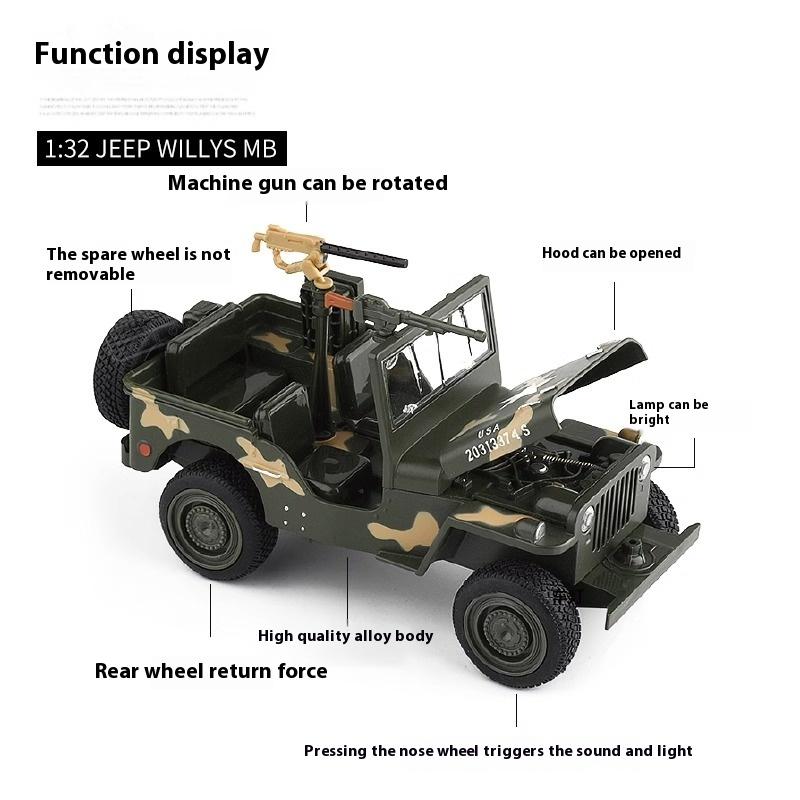 1/32 Willys GP JEEP Военный автомобиль Второй мировой войны Модель автомобиля из сплава Металлическая литая модель Звук и свет Детские игрушки Подарки на праздник