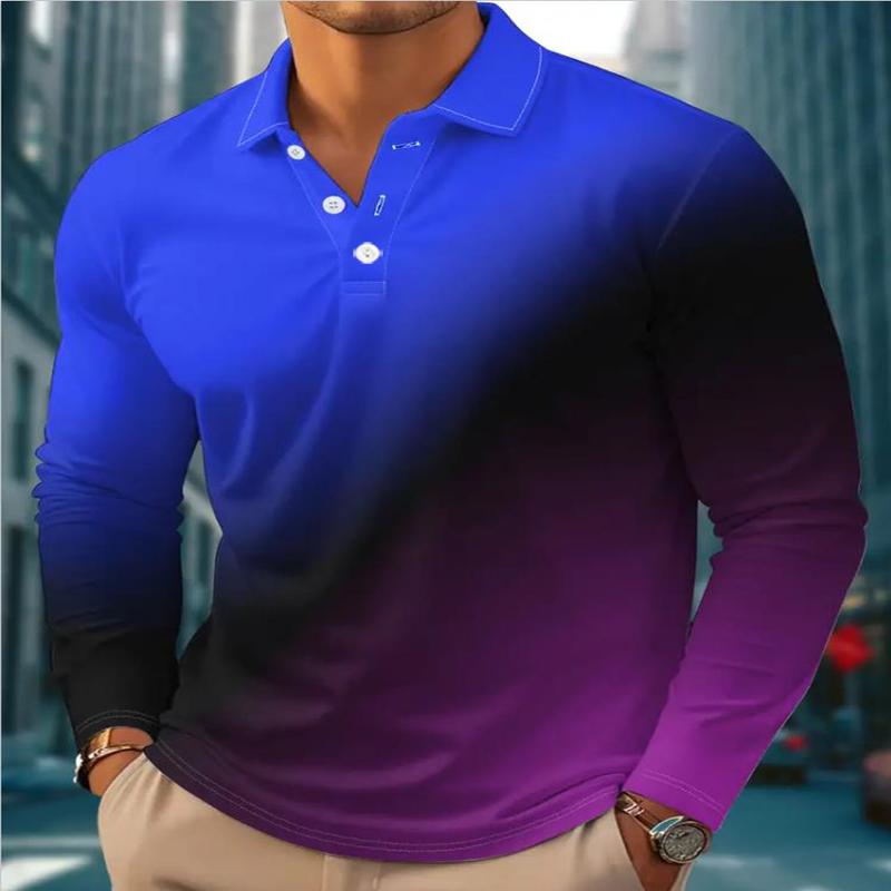 Новый мужской осенний топ с цифровым принтом, с длинными рукавами, в стиле цветных блоков, спортивный, повседневный, модный, с воротником-поло и градиентом