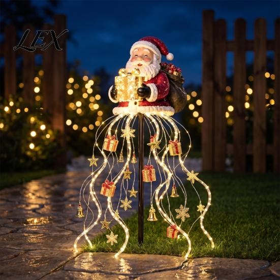 Decorative Solar Pathway Lighting Santa Claus Christmas Garden Light, LED Holding Gift Box Yard Stake Festive Display for with Cascading String Lights