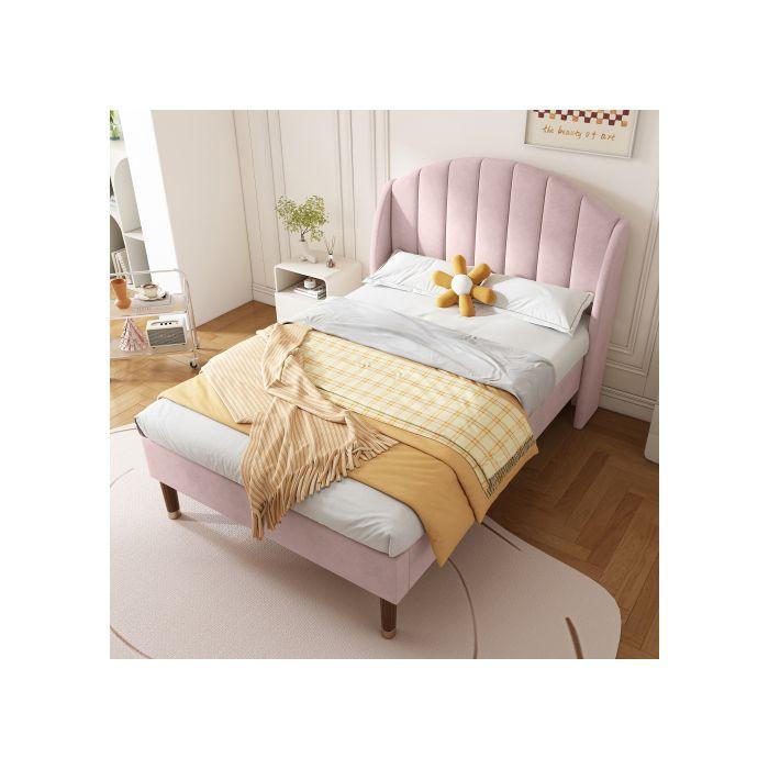 Lit rembourré - MUVOE - 90x200 cm - Velours rose - Sommier à lattes - 1 place