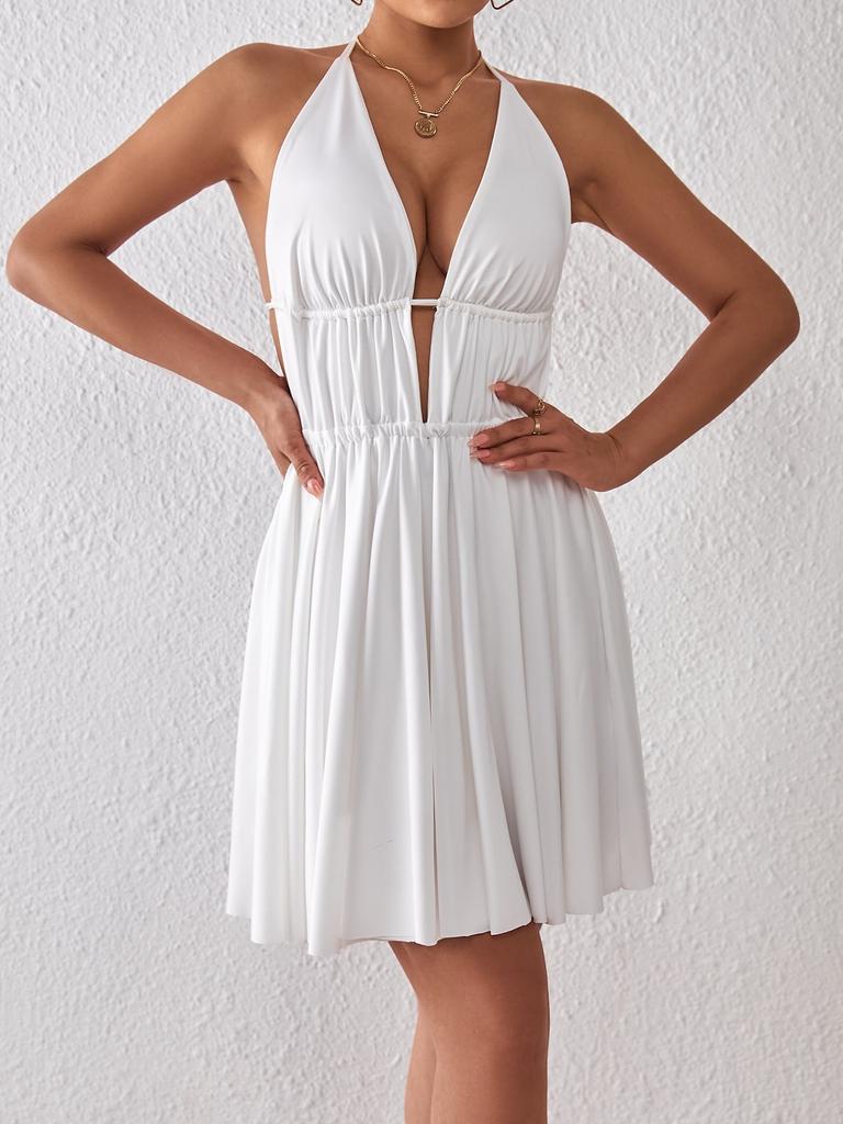 V Neck Mini Halter Dress Sleeveless Solid Dresses Women Causal Dresses