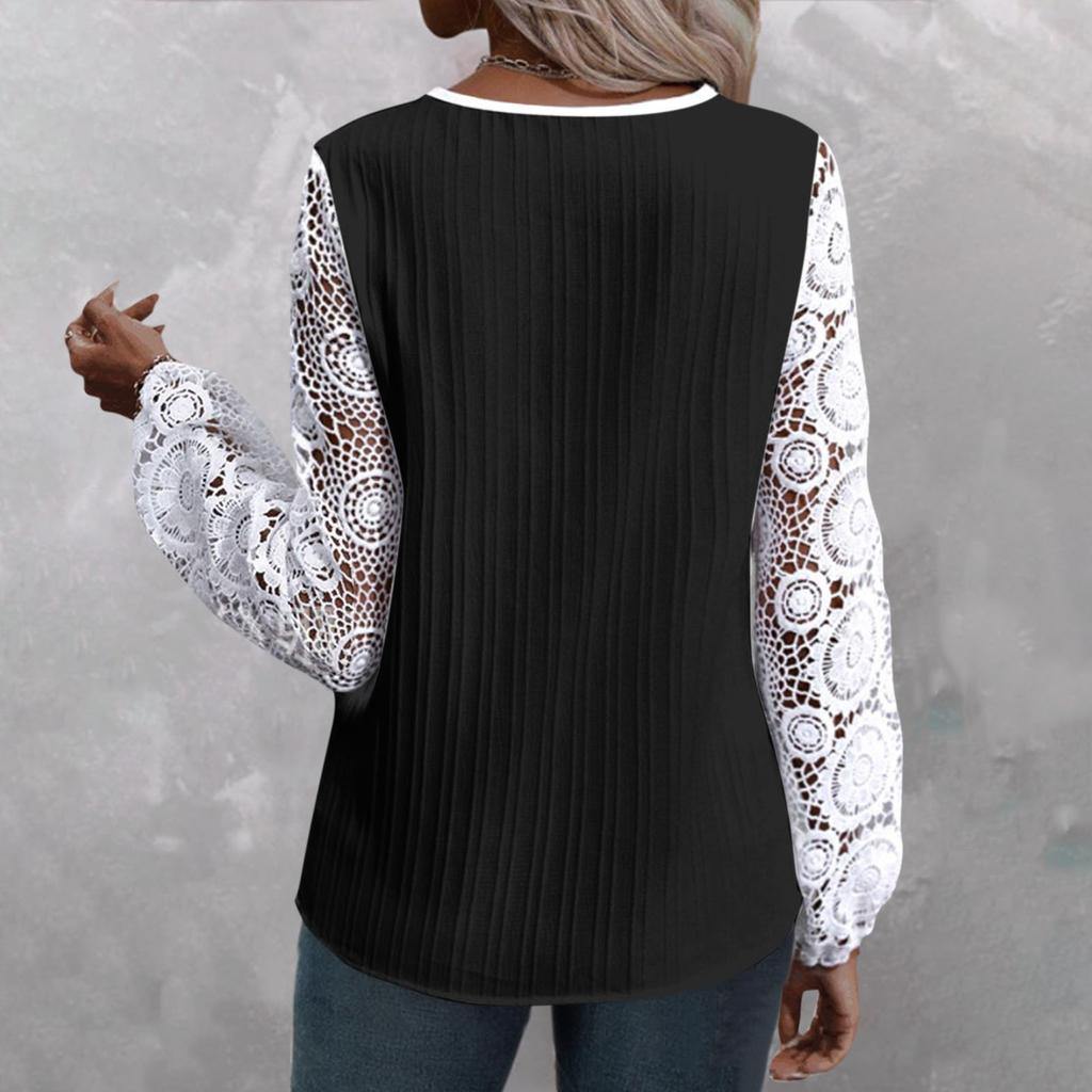 Women's Loose V-neck Lace Patchwork Long Sleeved Casual T-shirt Top