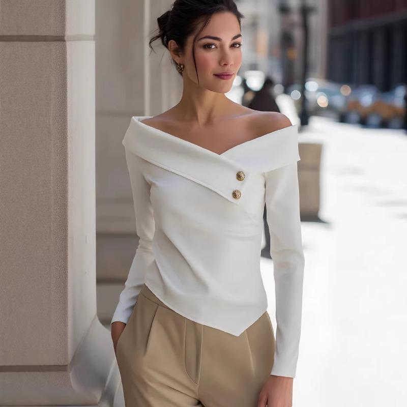 Women S Elegant Off Shoulder Long Sleeve Solid Knit Top