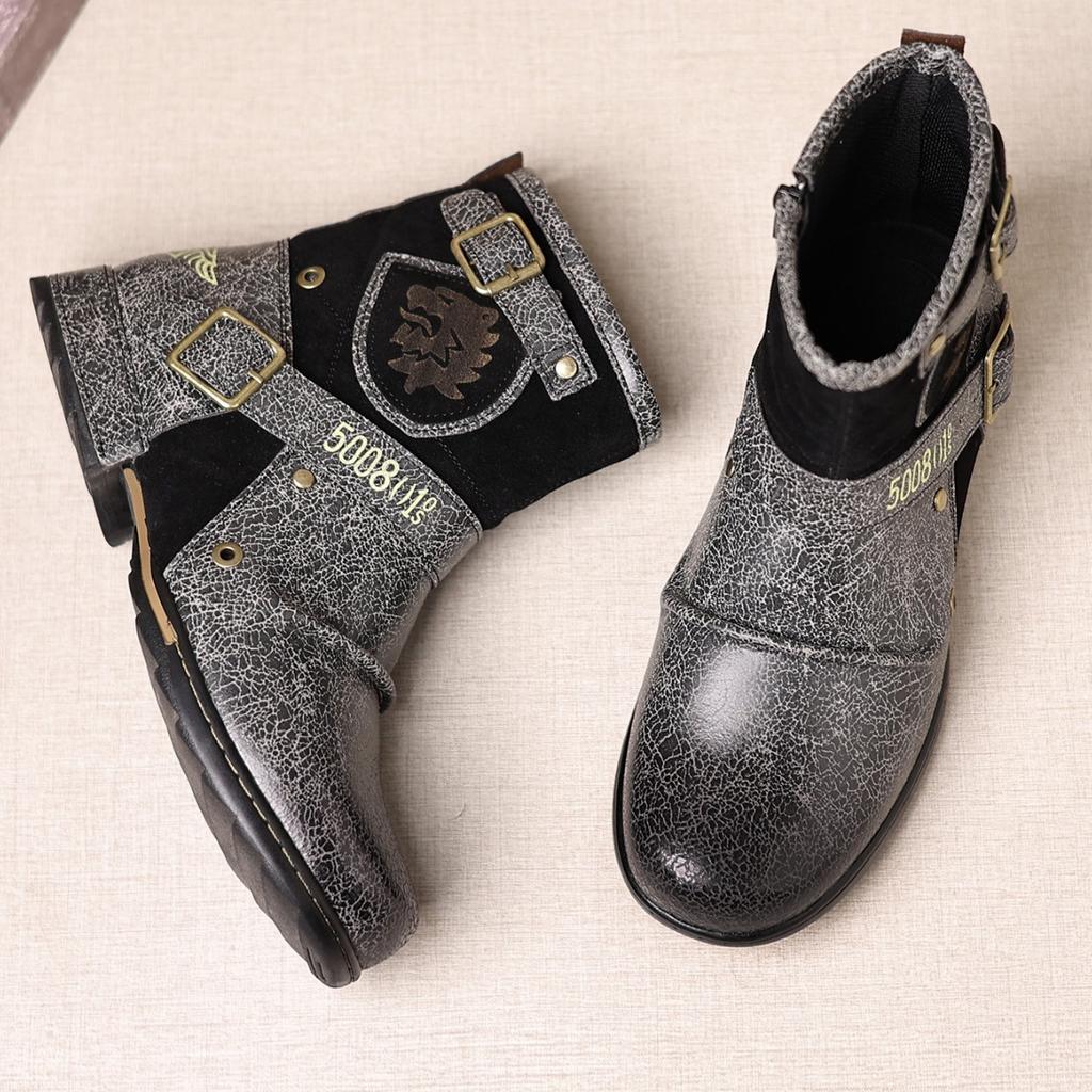 Мужские мотоботы с высоким голенищем из потрескавшейся кожи, боковая молния, металлическая отделка, ретро, рыцарские боты, водонепроницаемые, противоскользящие, осень 2025, новинка