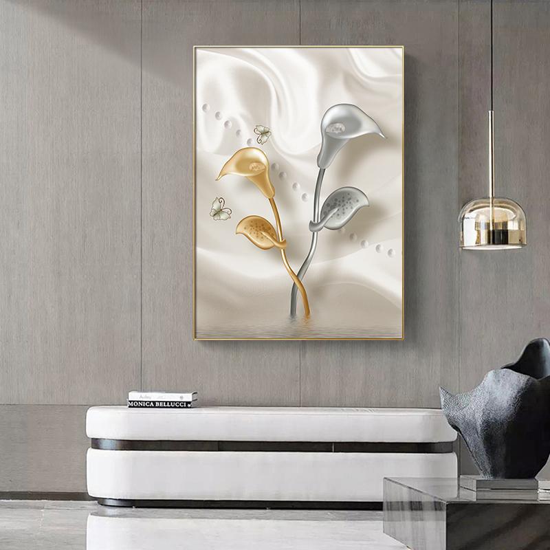 Golden Silver Birds Flower Canvas Poster Light Luxury Abstract Art Print Painting Modern Wall Picture Living Room Home Decor