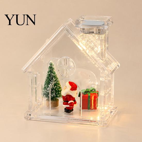 Refillable Ornament for Figurines Clear Acrylic House Ornament, DIY Fillable Christmas with Light, Rechargeable LED Decoration Lighted Table