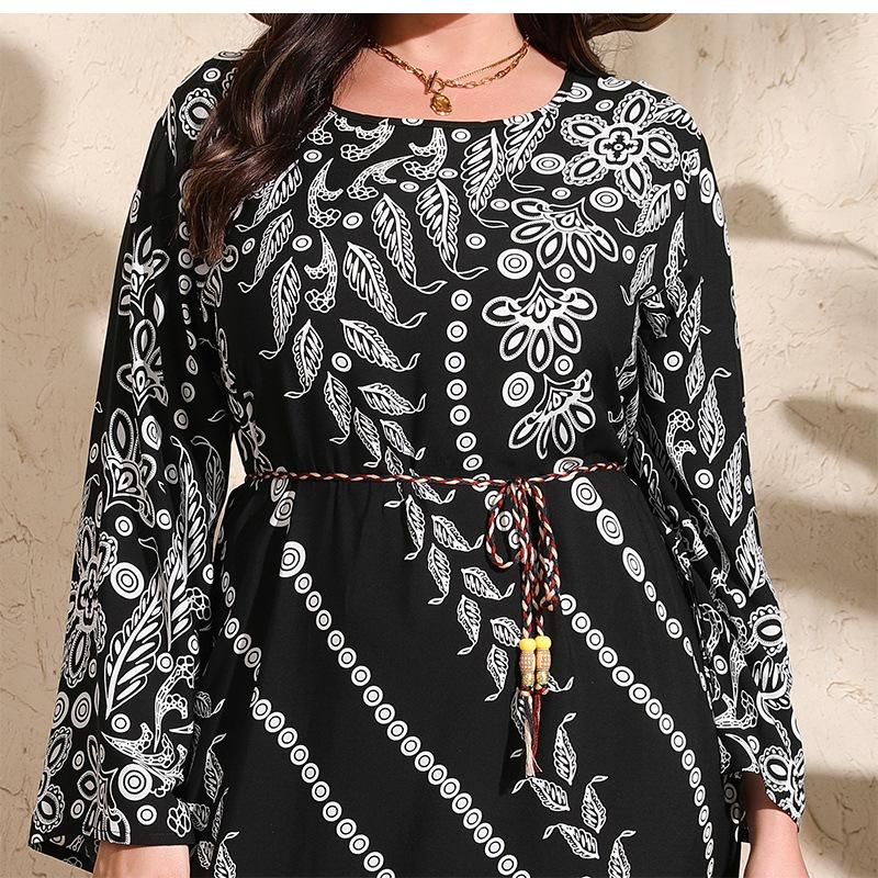 Платье с круглым вырезом, длинным рукавом, высокой талией для женщин, платье с принтом в этническом стиле, платье больших размеров с завязками, свободное универсальное платье, платье большого размера