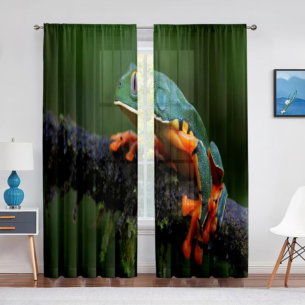Тюлевая занавеска с зеленым животным, красными глазами, древесной лягушкой на листе, для гостиной, спальни, кухни, декор, вуаль, прозрачная занавеска, оконные шторы