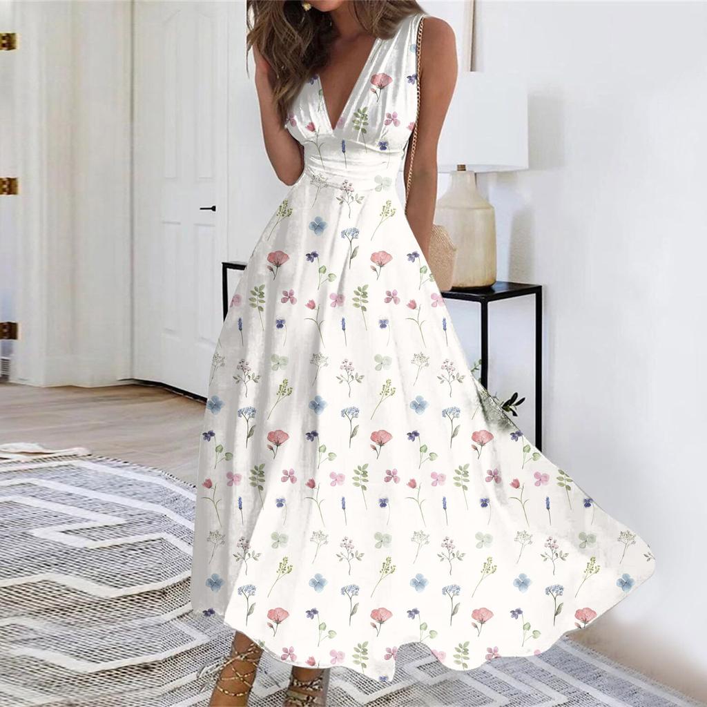 Женское длинное платье Платье макси Повседневное платье Летнее повседневное платье без рукавов с v-образным вырезом в стиле бохо с талией и принтом