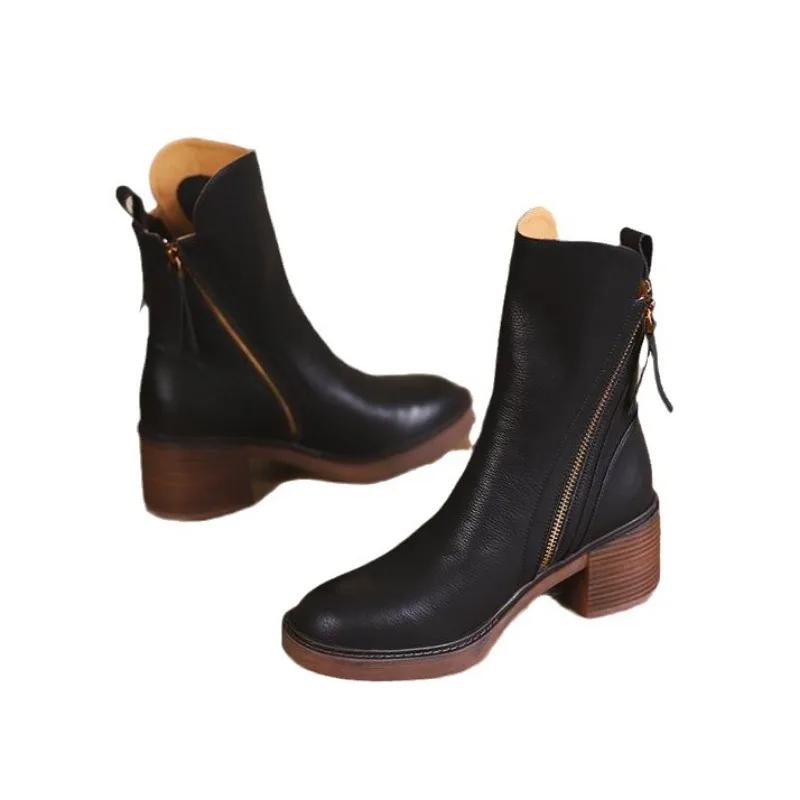 Retro Style Mid Tube Side Zippered Martin Boots Thick Heeled Women's Autumn New Zapatos De Mujer