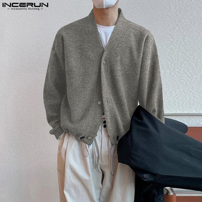 INCERUN Oversized Men V Neck Long Sleeve Buttons Up Drawstring Knit Cardigan Tops