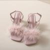 Fashion Fluffy Feather Sandals Woman Square Toe Buckle Strap Stiletto  LadiesDesign Fuzzy High Heel Party Shoes