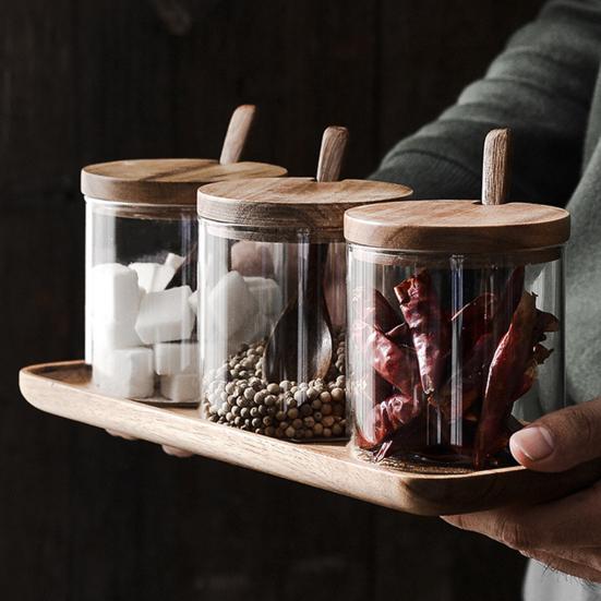 Коробка для приправ, деревянная крышка, кухонные принадлежности, стекло, сахар, сухое молоко, специи, чехол для хранения для дома
