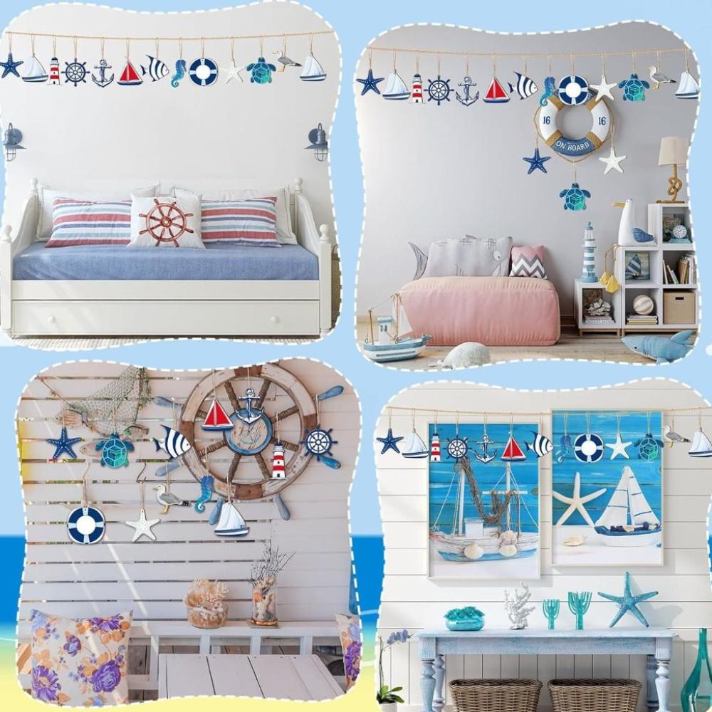 24pcs Wooden Sea Animals Hanging Ornament Ocean Themed Signs Decorations  for Wall Tropical Bar