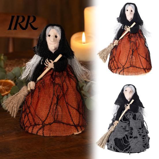 Plush Hair Witch Doll Halloween Kitchen Doll, Small Statue with Broom, Mini Broom Accessory Tabletop Party Decoration for Table Fireplace Holiday Home
