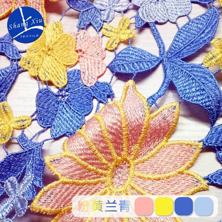 Полиэстер Легкий шелк Многоцветная вышивка Ткань, Водорастворимое кружево Тяжелая промышленность Пряжа Окрашенная Красочная Полная ширина, Трехмерная Полая ткань