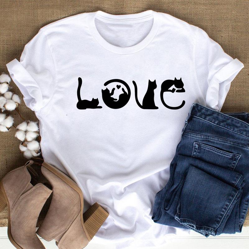 100% Polyester Women's Summer Casual Top with Cute Cat Dog Paw Print round Neck Short Sleeve T-shirt Fashion High Street Style gift