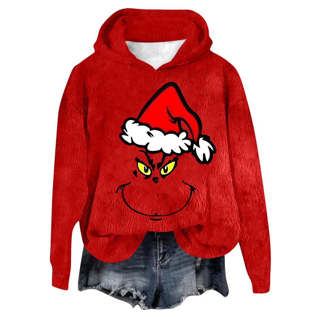 Women's Hooded Long Sleeve Christmas Printed Flannel Top Hooded Sweatshirt