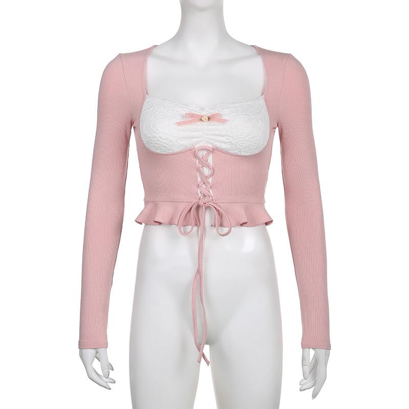 Розовый топ с длинными рукавами Y2k, женский сексуальный кружевной лоскутный бандаж с квадратным воротником, тонкая футболка, эстетический укороченный топ для кокетк...