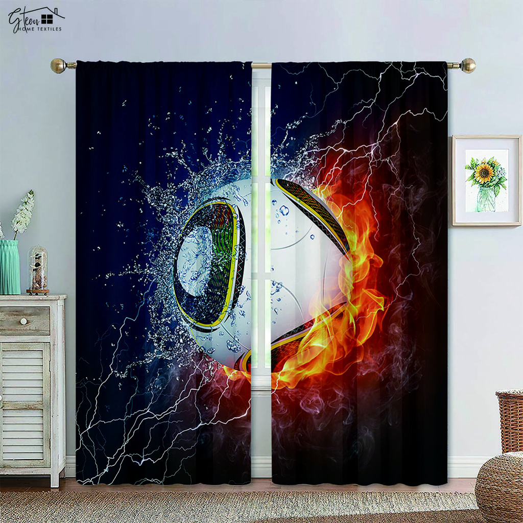 Basketball Football in Water and Fire Black Printed Curtain Rod Pocket Design Machine Washable Bedchamber Living Area Decorative Curtains