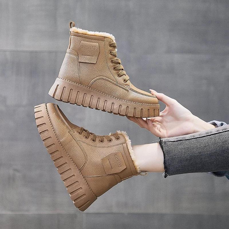 Зимние женские теплые короткие плюшевые хлопковые туфли, модные туфли на платформе со шнуровкой для женщин, повседневные ботильоны, высокие кроссовки