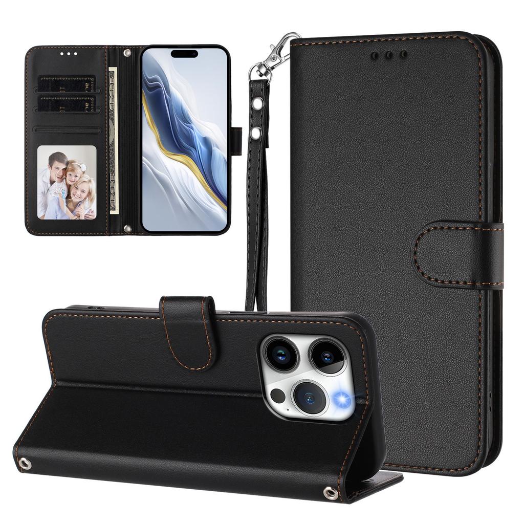 For iPhone 15 Pro Leather Case Wallet Stand Phone Cover with Wrist Strap