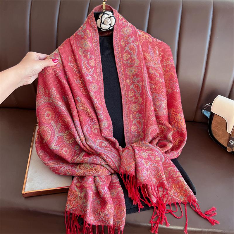 Autumn Scarf Women Pashmina Shawls Jacquard Cashmere Blanket Warm Thick Stoles for Lady Outdoor Paisley Religion Bufanda Scarf